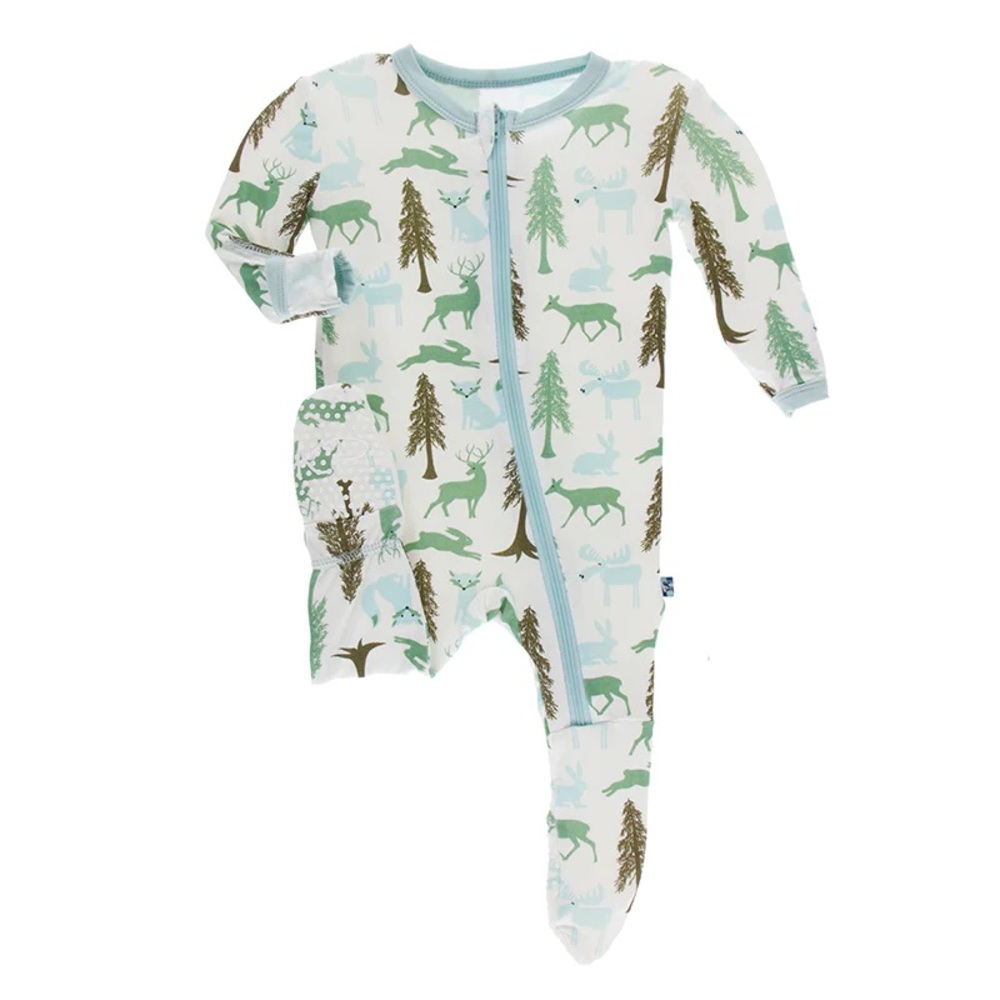 New Kickee Pants Zip Footie Natural Woodland Holiday Deer Bunny Tree Onsie